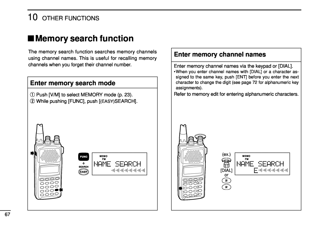 Tamron IC-R10 Memory search function, Enter memory search mode, Name Search, Enter memory channel names, Other Functions 