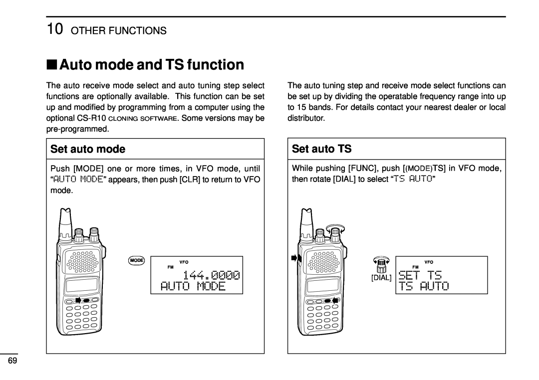Tamron IC-R10 instruction manual Auto mode and TS function, Set auto mode, Set auto TS, Ts Auto, Set Ts, Other Functions 