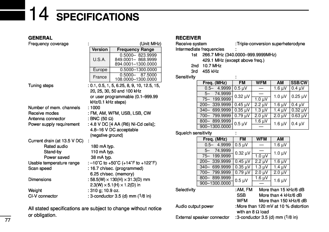 Tamron IC-R10 instruction manual Specifications, General, Receiver 
