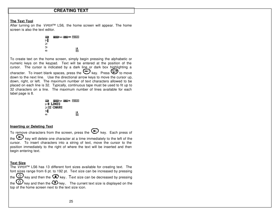 Tamron LS6 quick start Creating Text, Text Tool, Inserting or Deleting Text, Text Size 