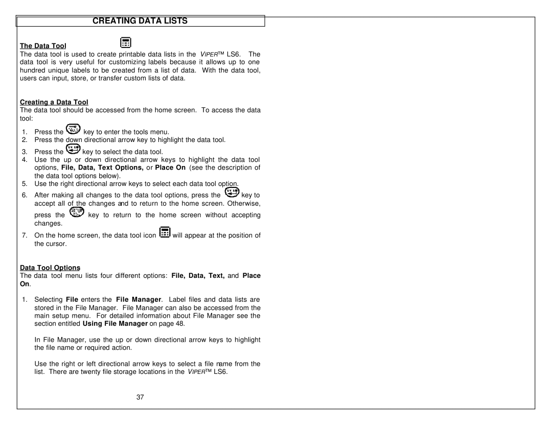 Tamron LS6 quick start Creating Data Lists, Creating a Data Tool, Data Tool Options 