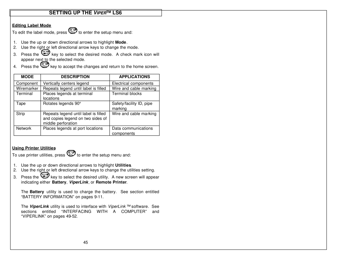 Tamron LS6 quick start Editing Label Mode, Mode Description Applications, Using Printer Utilities 