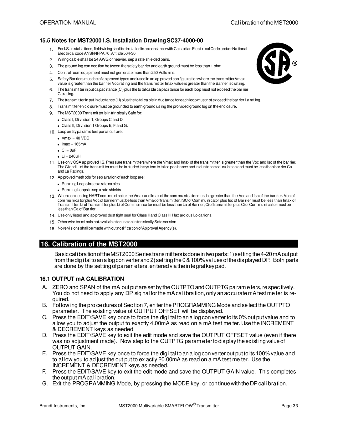 Tamron operation manual Calibration of the MST2000, Output mA Calibration, Output Gain 