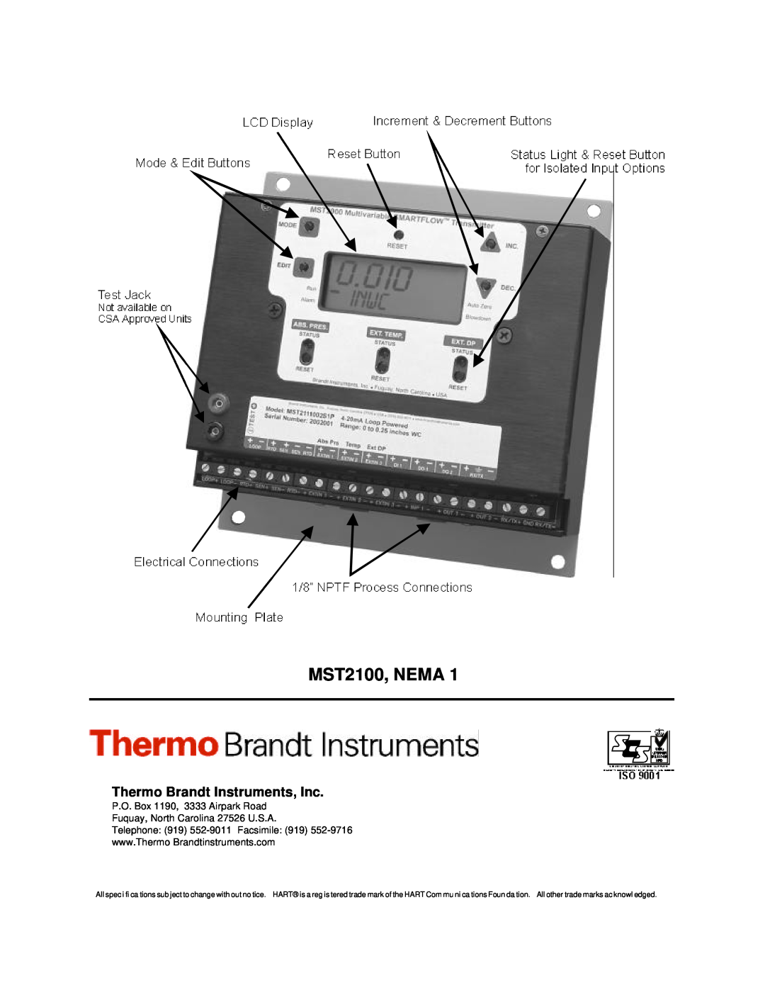 Tamron MST2000 operation manual MST2100, NEMA, Thermo Brandt Instruments, Inc 