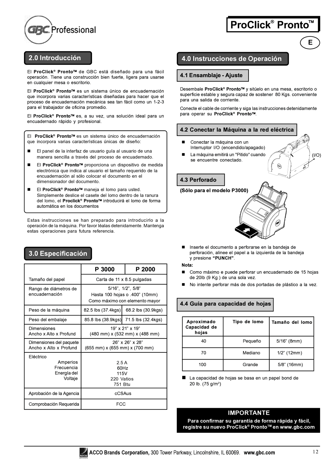 Tamron P3000, P2000 manuel dutilisation Introducción, Especificación, Instrucciones de Operación 