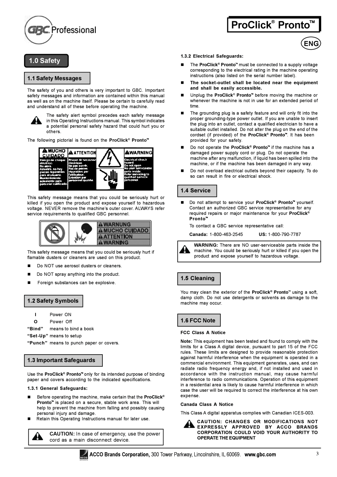 Tamron P2000 Safety Messages, Safety Symbols, Important Safeguards, Service, Cleaning, FCC Note, ProClick Pronto 
