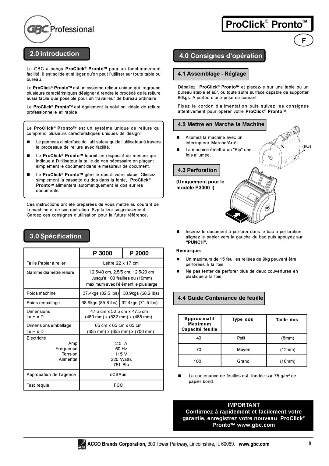Tamron P3000 3.0 Spécification, Consignes d’opération, Assemblage - Réglage, Mettre en Marche la Machine, Perforation 