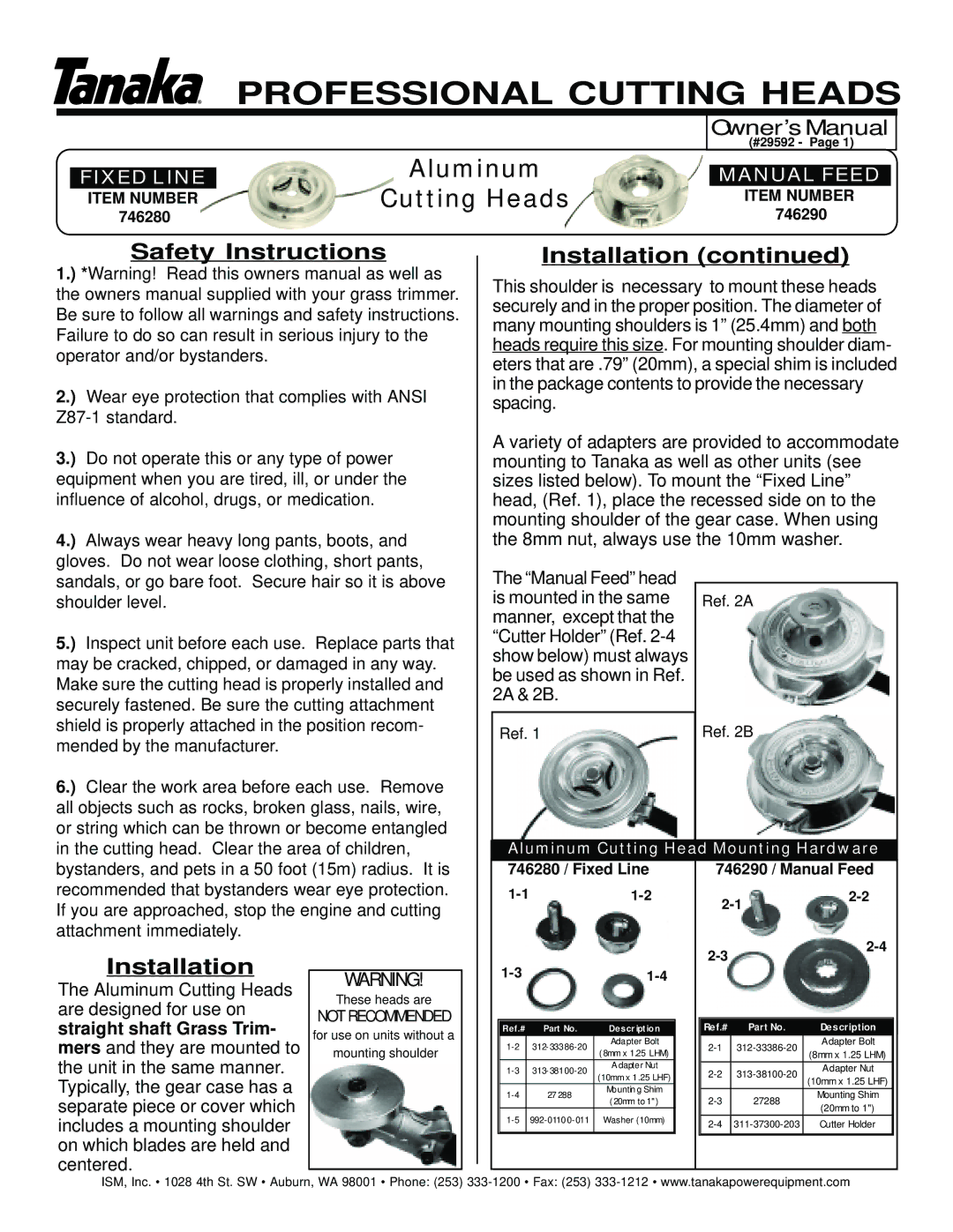 Tanaka 746280 owner manual Safety Instructions, Installation, Ref.# Part No Description 