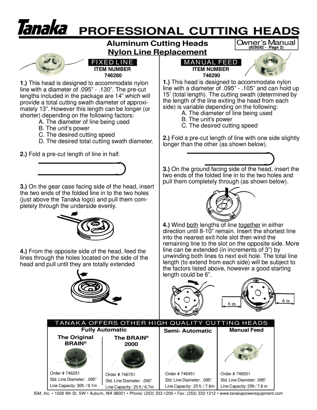Tanaka 746280 owner manual Aluminum Cutting Heads Nylon Line Replacement, Fixed Line Manual Feed 
