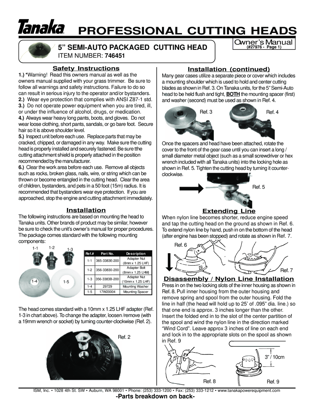 Tanaka 746451 owner manual SEMI-AUTO Packaged Cutting Head, Safety Instructions, Installation, Extending Line 