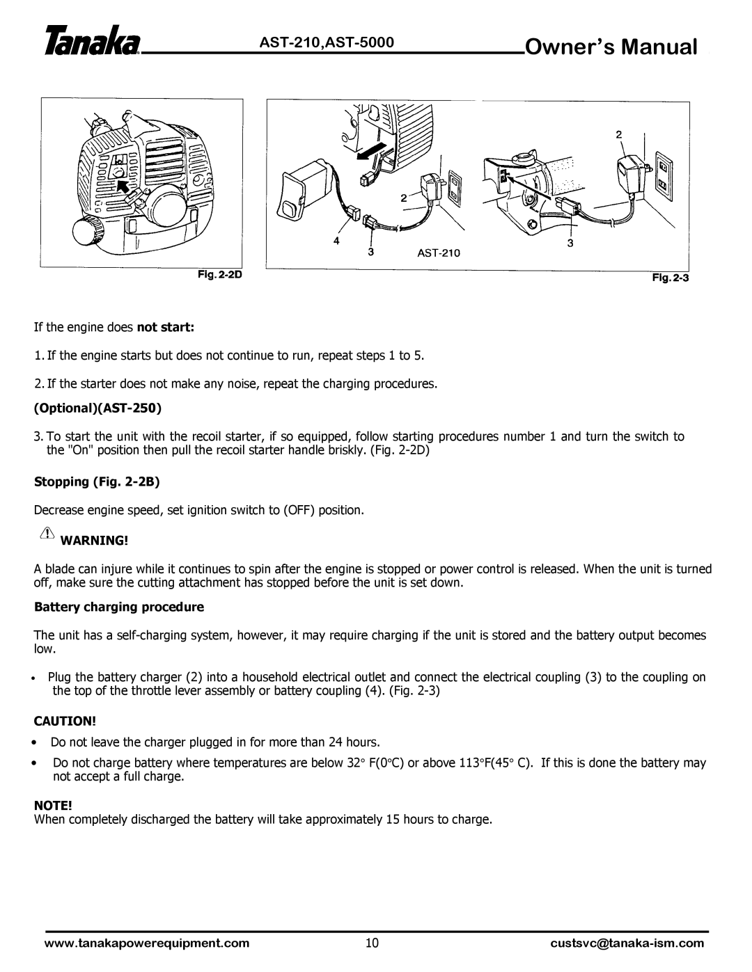 Tanaka AST-210, AST-5000 manual OptionalAST-250, Stopping -2B, Battery charging procedure 