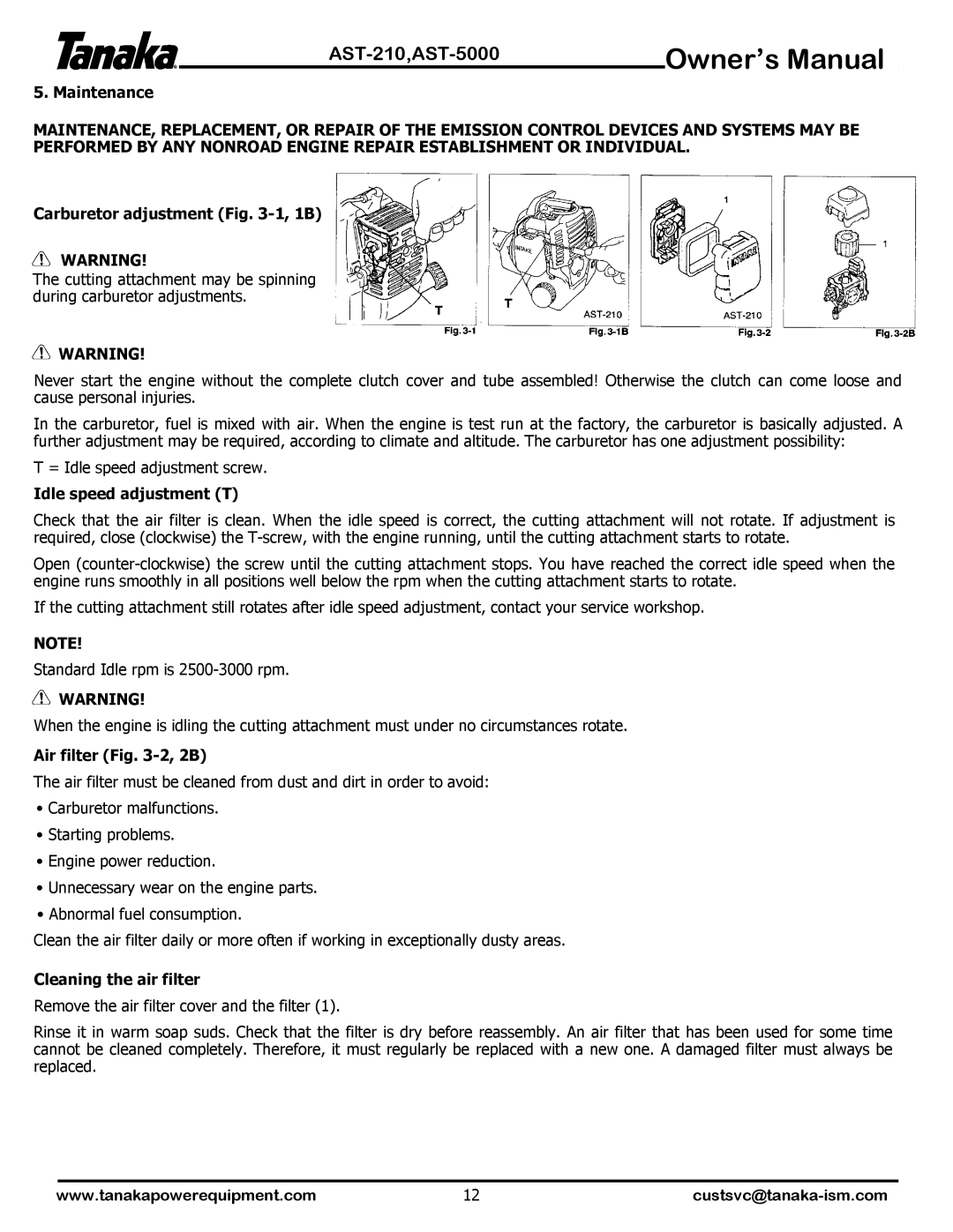 Tanaka AST-210, AST-5000 manual Maintenance, Carburetor adjustment -1, 1B, Idle speed adjustment T, Air filter -2, 2B 