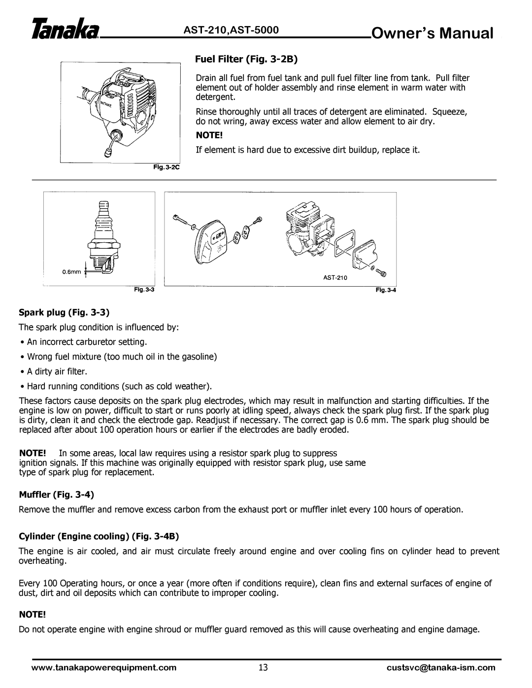 Tanaka AST-5000, AST-210 manual Fuel Filter -2B, Spark plug Fig, Muffler Fig, Cylinder Engine cooling -4B 