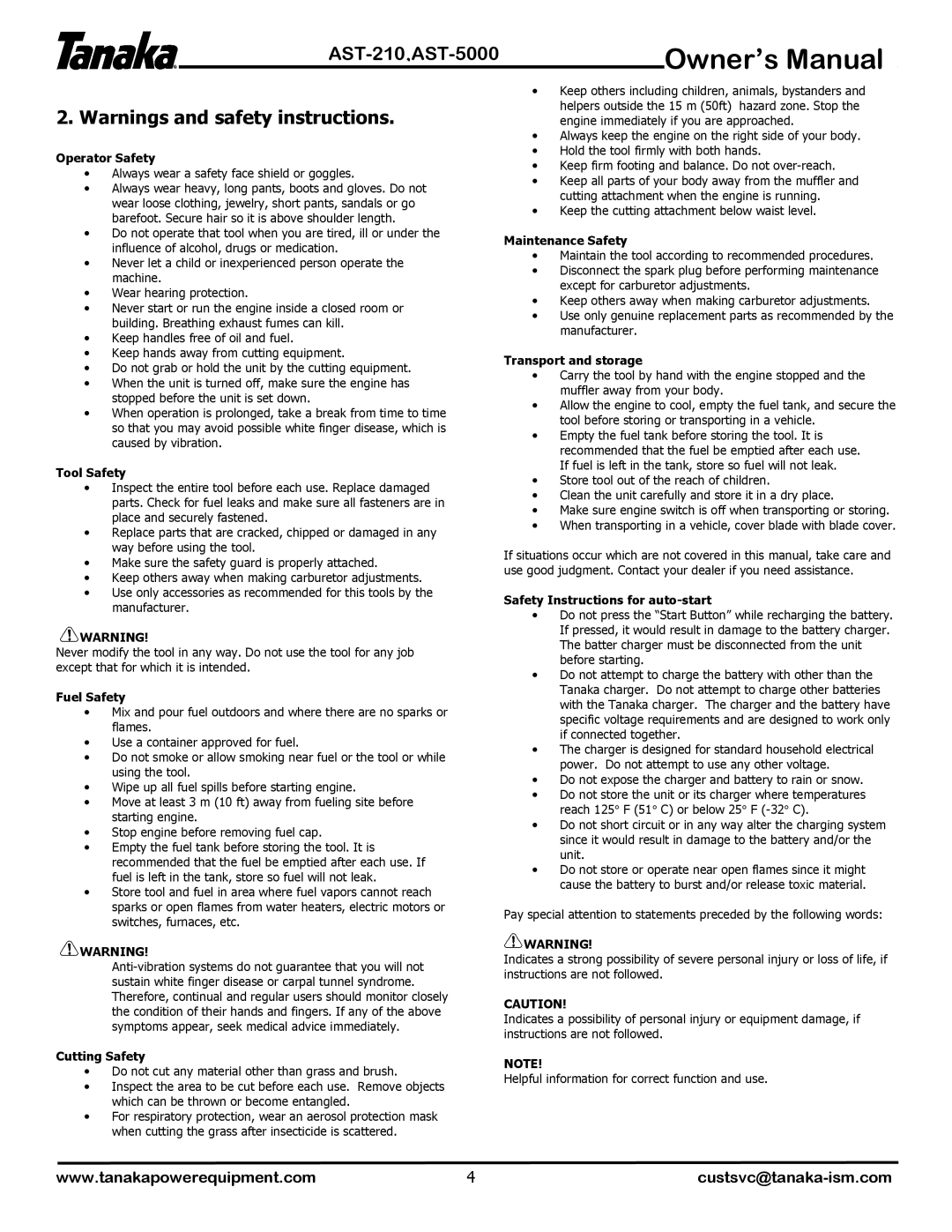 Tanaka AST-210, AST-5000 manual Operator Safety 