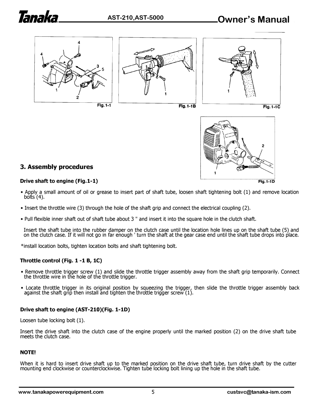 Tanaka AST-5000, AST-210 manual Assembly procedures, Drive shaft to engine -1, Throttle control -1 B, 1C 