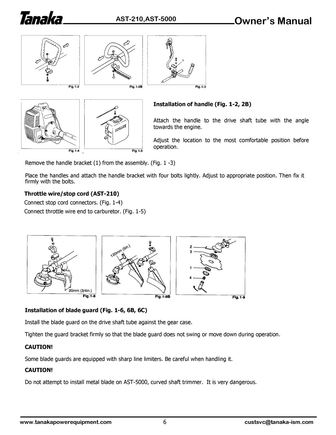 Tanaka AST-5000 Installation of handle -2, 2B, Throttle wire/stop cord AST-210, Installation of blade guard -6, 6B, 6C 