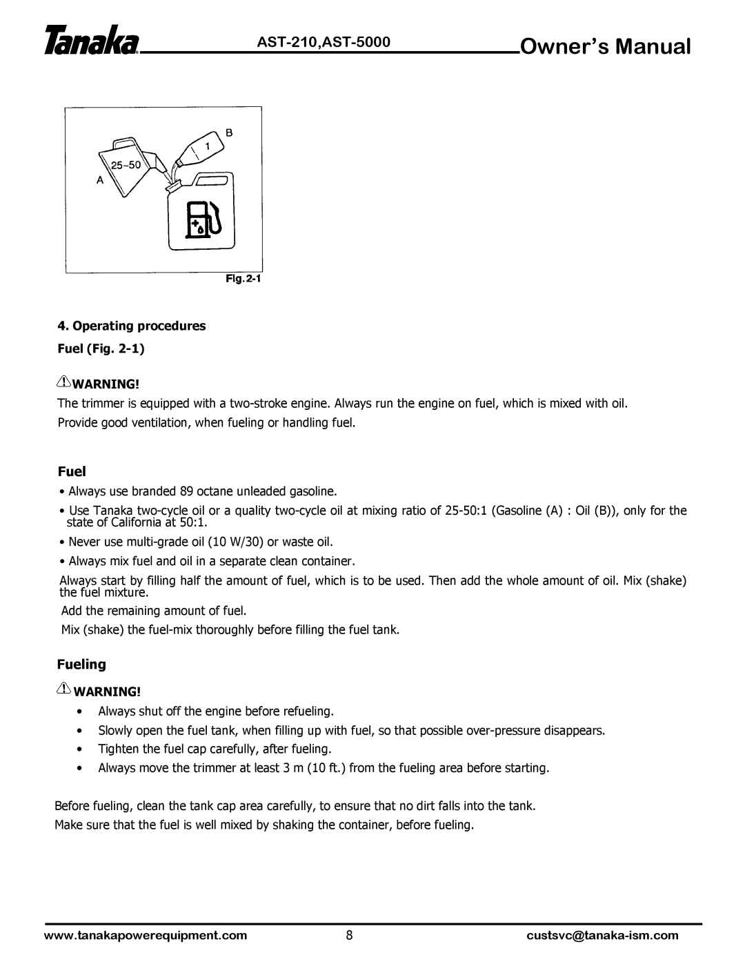 Tanaka AST-210, AST-5000 manual Fueling, Operating procedures Fuel Fig 