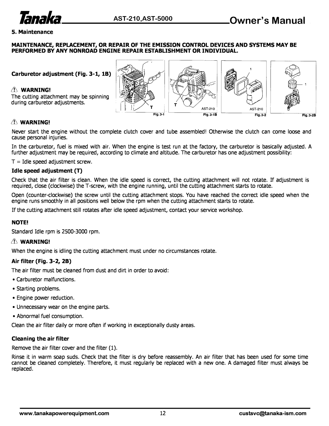 Tanaka manual Owner’s Manual, AST-210,AST-5000, Maintenance, Carburetor adjustment -1, 1B, Idle speed adjustment T 