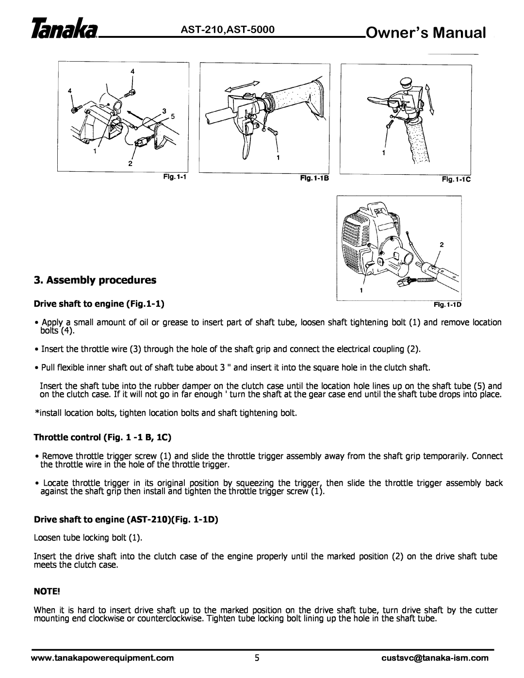 Tanaka manual Assembly procedures, Owner’s Manual, AST-210,AST-5000, Drive shaft to engine -1, Throttle control -1 B, 1C 
