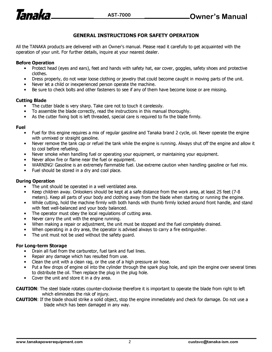 Tanaka AST-7000 manual General Instructions for Safety Operation 