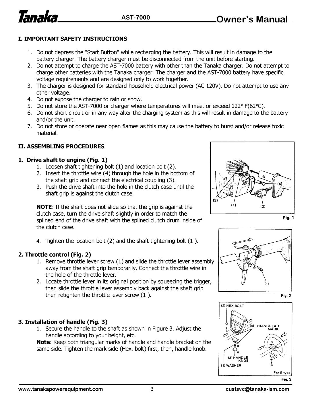 Tanaka AST-7000 manual Important Safety Instructions, II. Assembling Procedures 