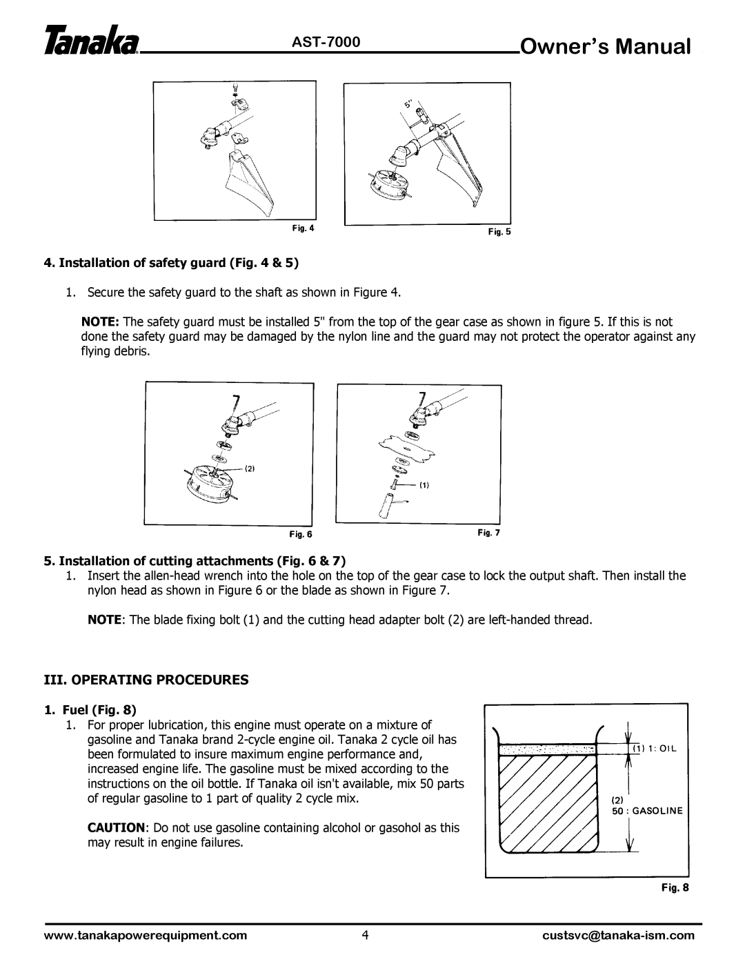Tanaka AST-7000 III. Operating Procedures, Installation of safety guard, Installation of cutting attachments, Fuel Fig 