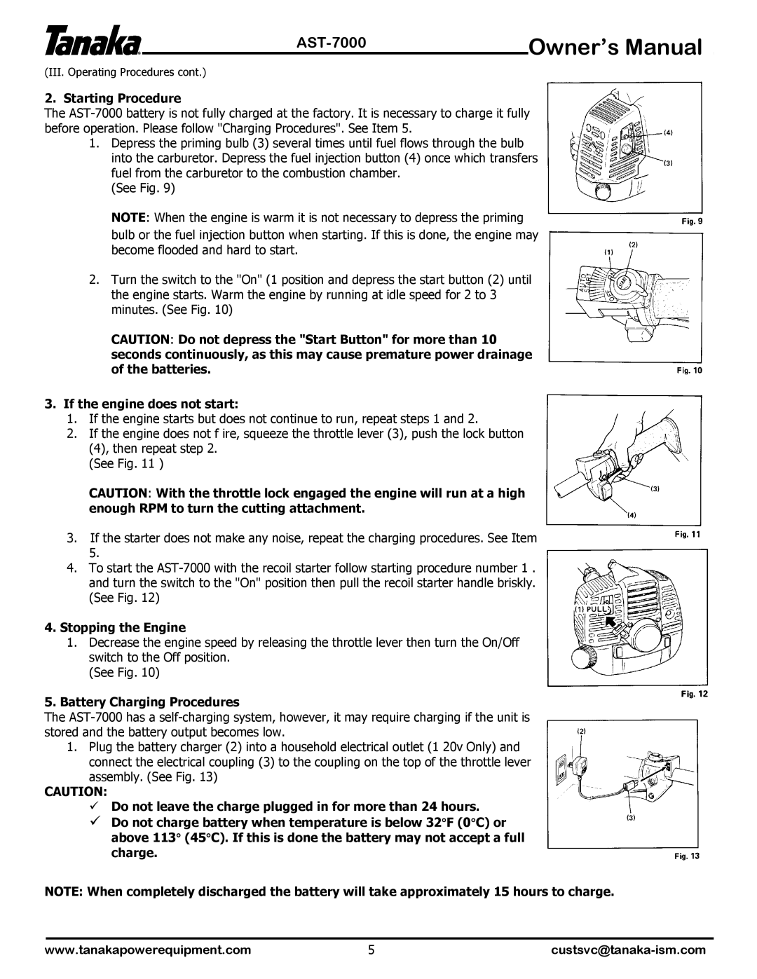 Tanaka AST-7000 manual Starting Procedure, If the engine does not start, Stopping the Engine, Battery Charging Procedures 