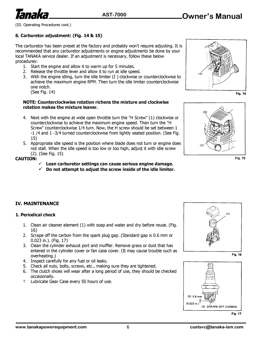 Tanaka AST-7000 manual IV. Maintenance, Carburetor adjustment, Periodical check 