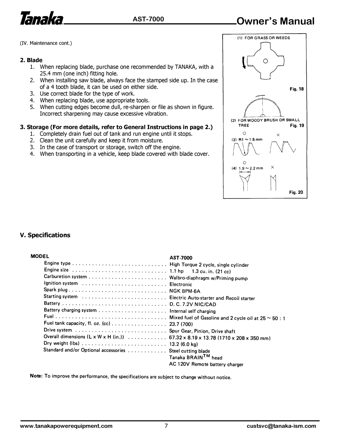 Tanaka AST-7000 manual Blade, Storage For more details, refer to General Instructions 