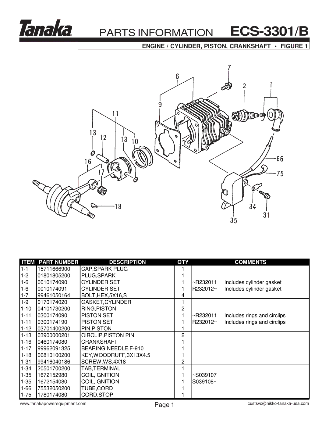 Tanaka manual Parts Information ECS-3301/B, Engine / CYLINDER, PISTON, Crankshaft Figure 