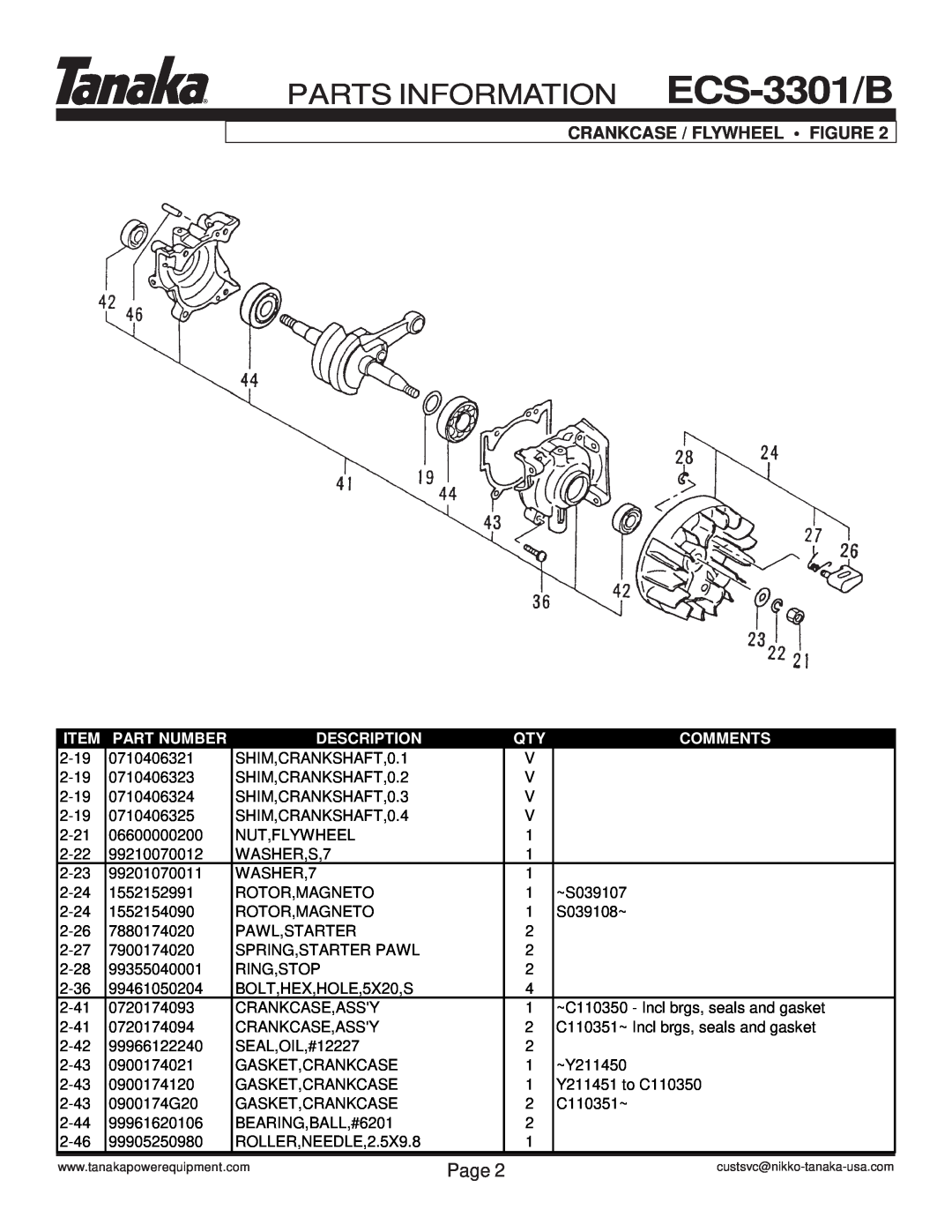 Tanaka manual Crankcase / Flywheel Figure, PARTS INFORMATION ECS-3301/B, Page, Part Number, Description, Comments 