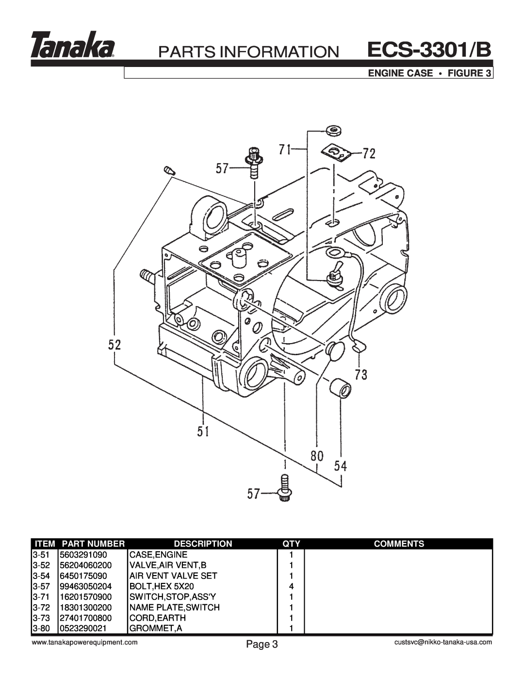 Tanaka manual Engine Case • Figure, PARTS INFORMATION ECS-3301/B, Page, Part Number, Description, Comments 