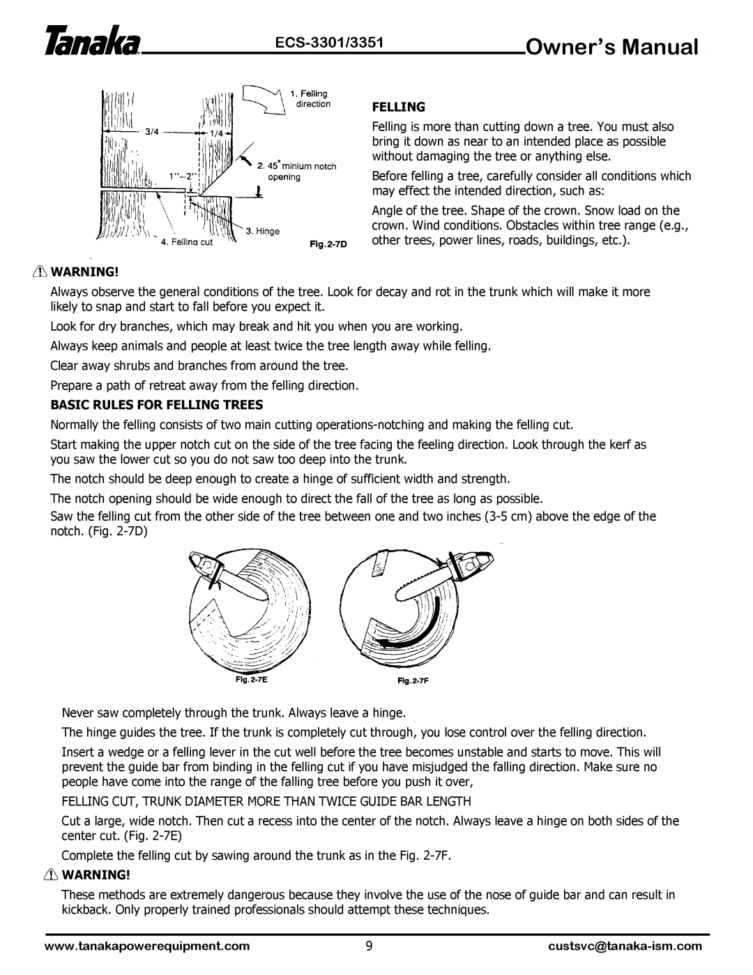 Tanaka ECS-3351, ECS-3301 manual Basic Rules for Felling Trees 