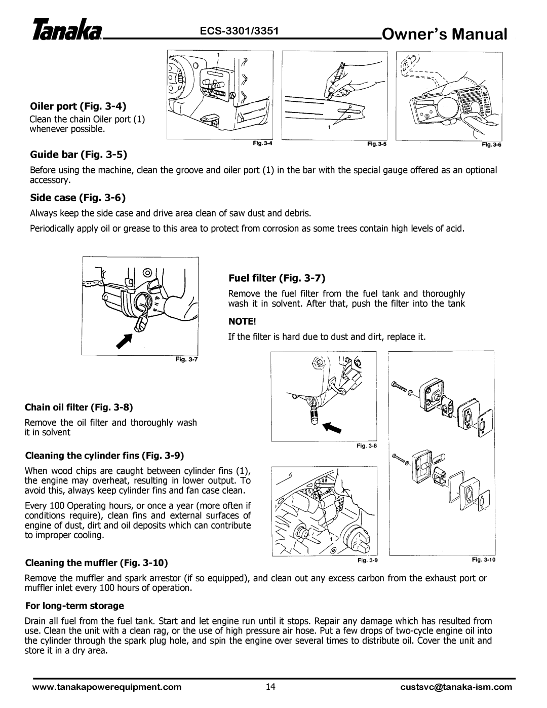 Tanaka ECS-3301, ECS-3351 manual Oiler port Fig, Guide bar Fig, Side case Fig, Fuel filter Fig 