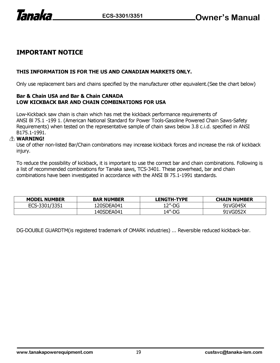 Tanaka ECS-3351, ECS-3301 manual Bar & Chain USA and Bar & Chain Canada, Model Number BAR Number LENGTH-TYPE Chain Number 