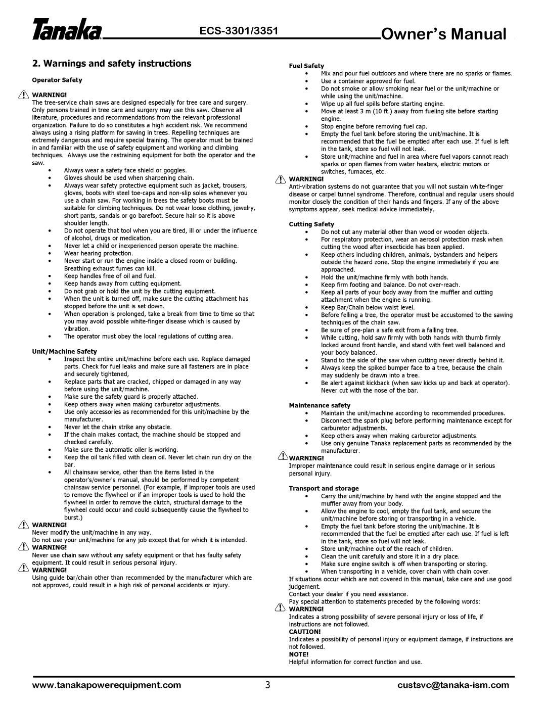 Tanaka ECS-3351, ECS-3301 manual Operator Safety 