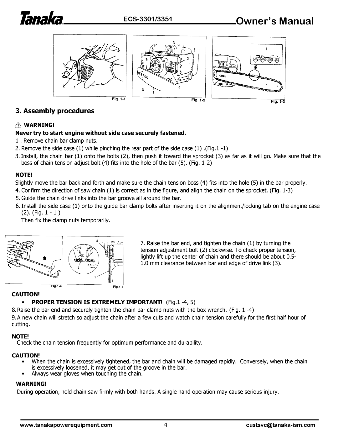 Tanaka ECS-3301, ECS-3351 manual Assembly procedures, Proper Tension is Extremely IMPORTANT! -4 