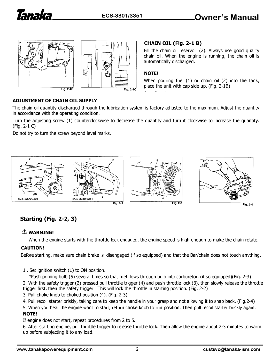 Tanaka ECS-3301, ECS-3351 manual Starting -2, Chain OIL -1 B, Adjustment of Chain OIL Supply 