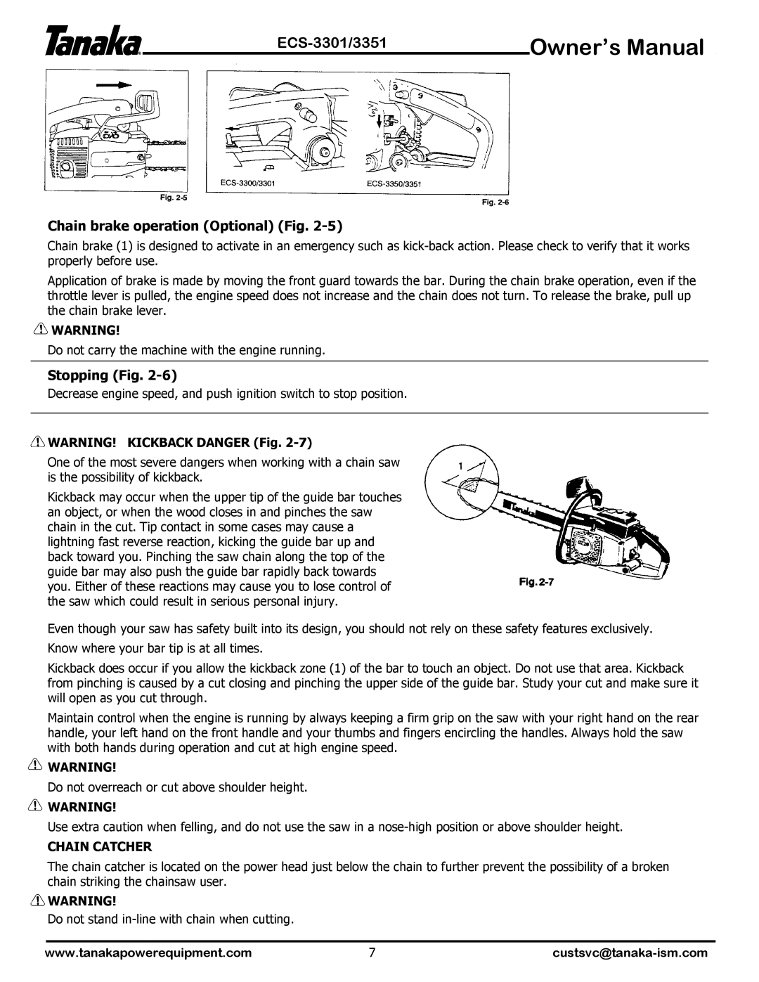 Tanaka ECS-3351, ECS-3301 manual Chain brake operation Optional Fig, Stopping Fig, Chain Catcher 