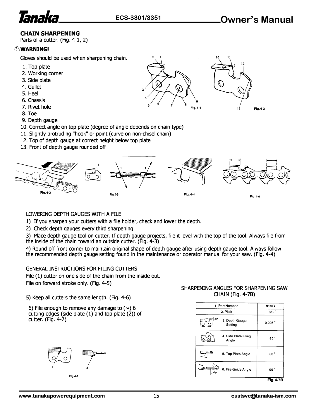 Tanaka ECS-3351 manual Owner’s Manual, ECS-3301/3351, Chain Sharpening, custsvc@tanaka-ism.com 