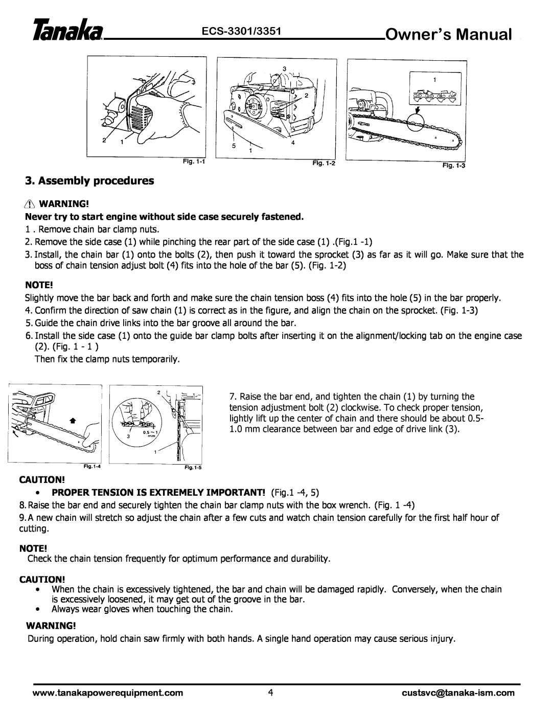 Tanaka ECS-3351 manual Assembly procedures, ECS-3301/3351, Never try to start engine without side case securely fastened 