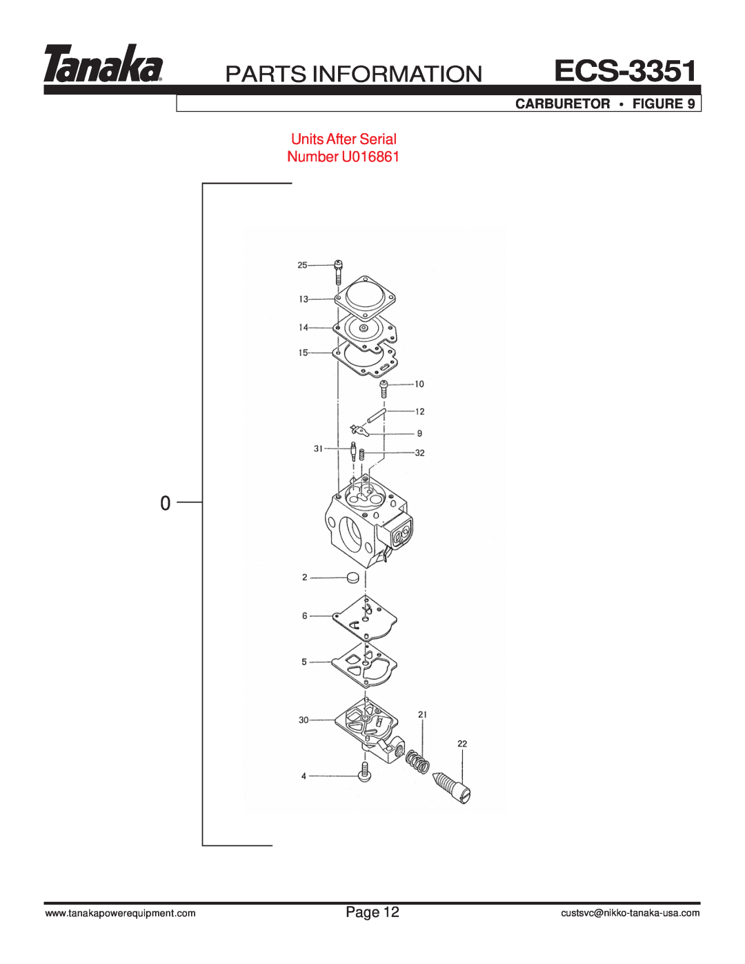 Tanaka ECS-3351/B manual Units After Serial Number U016861, Parts Information, Carburetor Figure, Page 