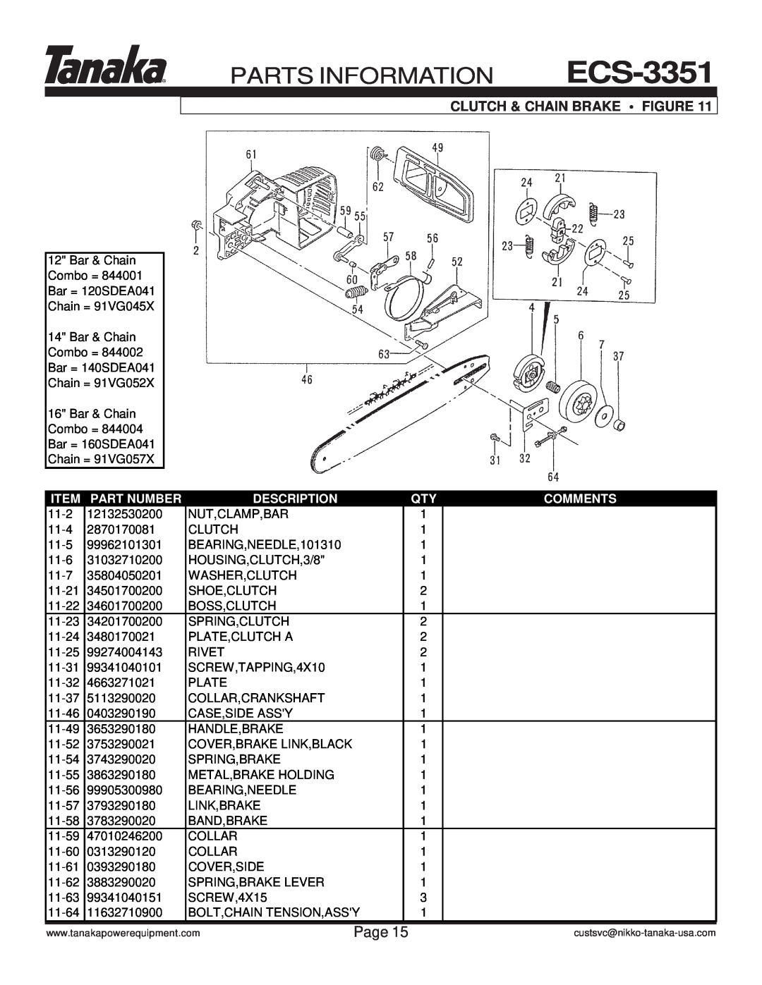 Tanaka ECS-3351/B manual Clutch & Chain Brake Figure, Parts Information, Page, Part Number, Description, Comments 