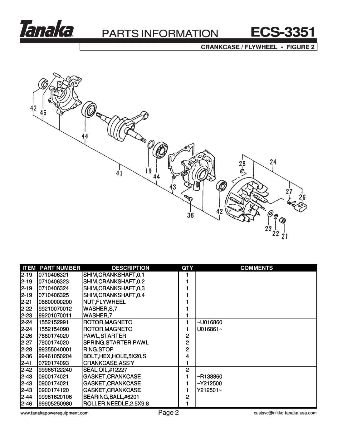Tanaka ECS-3351/B manual Crankcase / Flywheel Figure, Parts Information, Page, Part Number, Description, Comments 