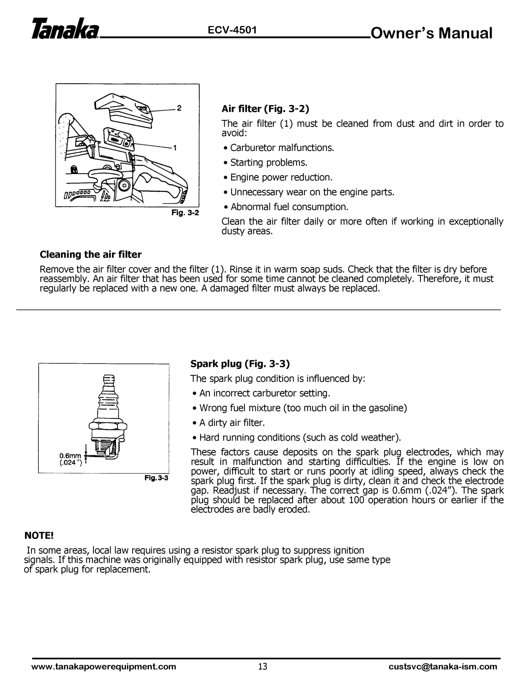 Tanaka ECV-4501 manual Air filter Fig, Cleaning the air filter, Spark plug Fig 