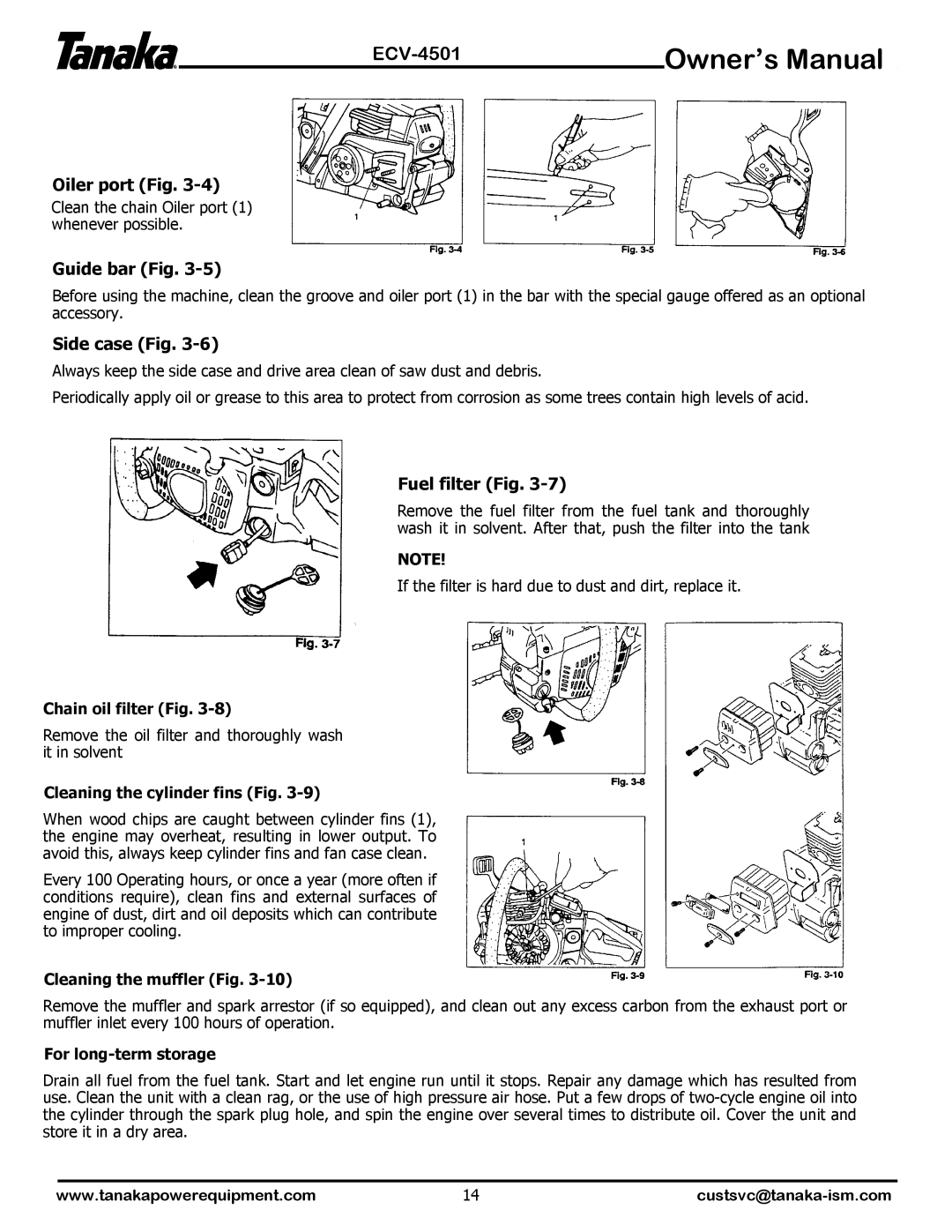 Tanaka ECV-4501 manual Oiler port Fig, Guide bar Fig, Side case Fig, Fuel filter Fig 