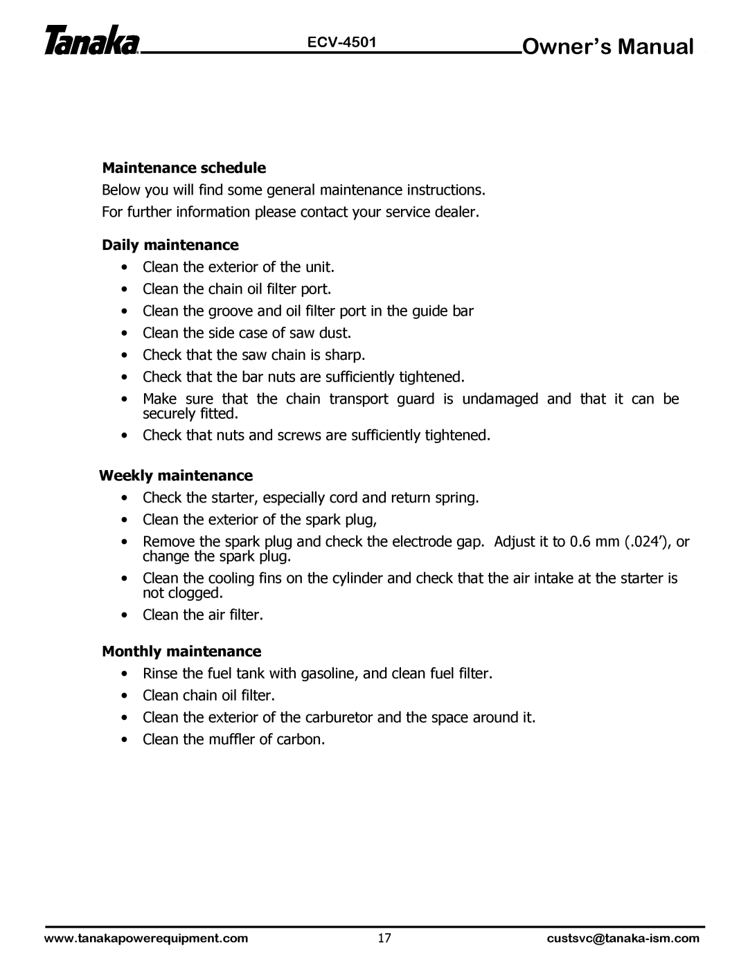 Tanaka ECV-4501 manual Maintenance schedule, Daily maintenance, Weekly maintenance, Monthly maintenance 