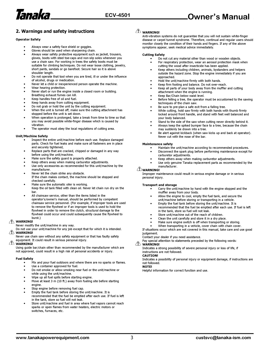 Tanaka ECV-4501 manual Operator Safety 