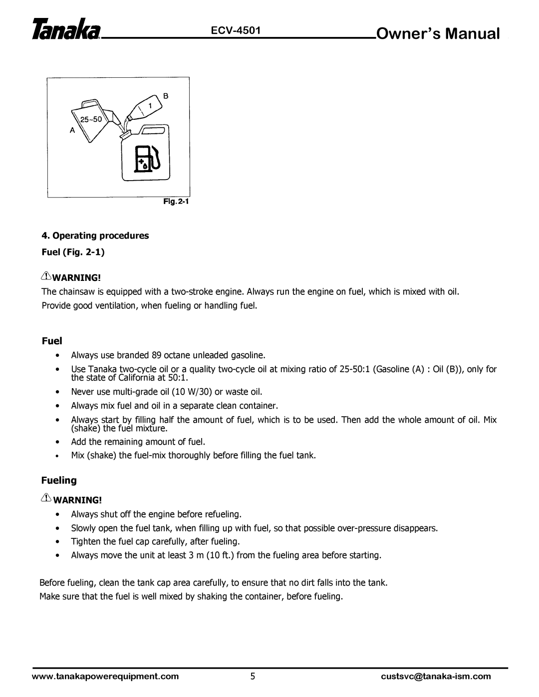 Tanaka ECV-4501 manual Fueling, Operating procedures Fuel Fig 