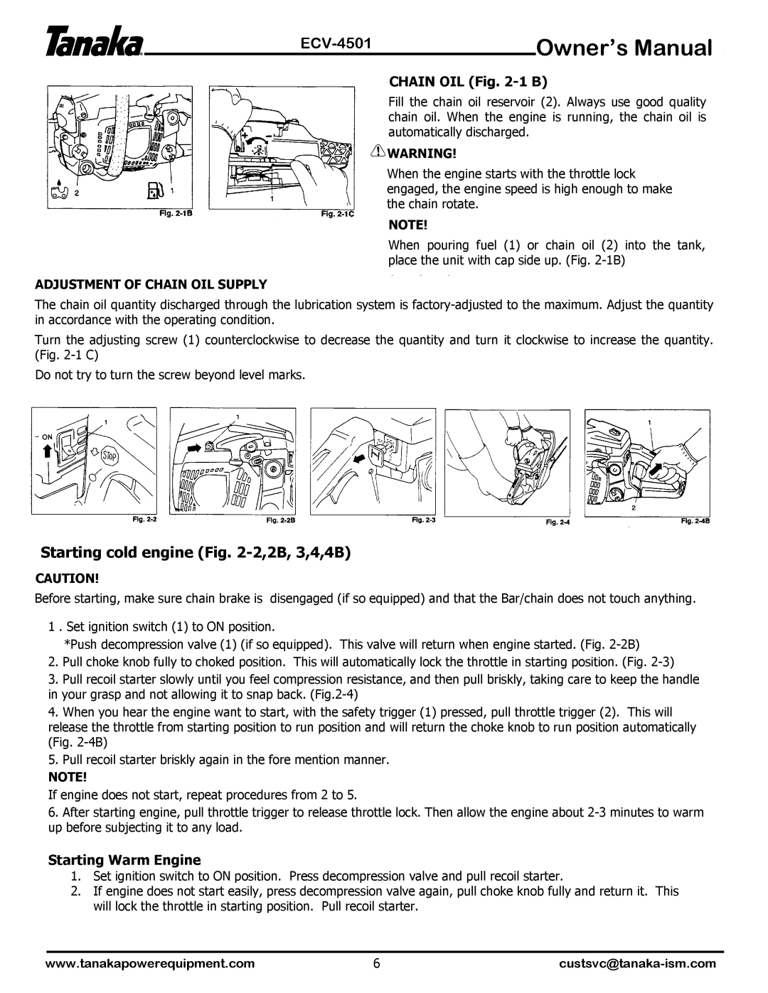 Tanaka ECV-4501 Starting cold engine -2,2B, 3,4,4B, Chain OIL -1 B, Starting Warm Engine, Adjustment of Chain OIL Supply 